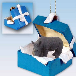 Blue Rhinoceros in Blue Gift Box Christmas Ornament – Hand-Painted Stone Resin