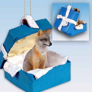 Gray Fox in Blue Gift Box Christmas Ornament – Hand-Painted Stone Resin