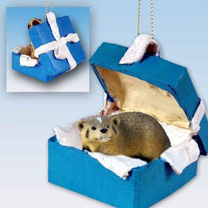 Blue Gift Box Badger in Blue Gift Box Christmas Ornament – Hand-Painted Stone Resin
