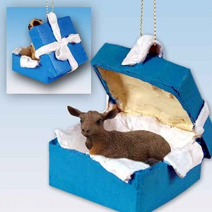 Brown Goat in Blue Gift Box Christmas Ornament – Hand-Painted Stone Resin