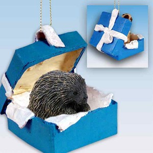 Blue Porcupine in Blue Gift Box Christmas Ornament – Hand-Painted Stone Resin