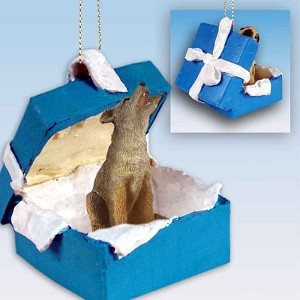 Blue Gift Box Coyote in Blue Gift Box Christmas Ornament – Hand-Painted Stone Resin