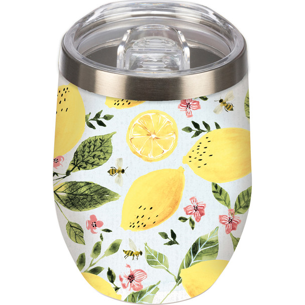 Stainless Steel Wine Tumbler - Watercolor Lemons & Bumblebees Design 12 Oz from Primitives by Kathy