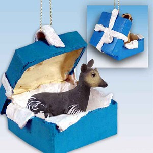 Okapi in Blue Gift Box Christmas Ornament – Hand-Painted Stone Resin