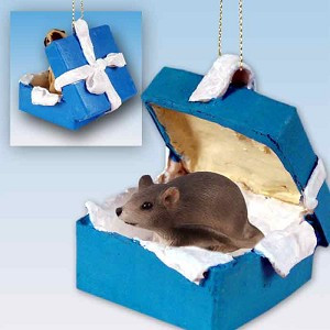 Gift Box Blue Mouse in Blue Gift Box Christmas Ornament – Hand-Painted Stone Resin