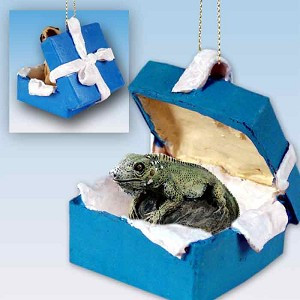 Gift Box Blue Iguana in Blue Gift Box Christmas Ornament – Hand-Painted Stone Resin