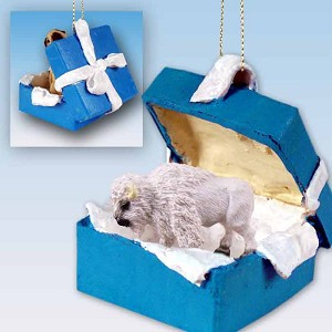 White Buffalo in Blue Gift Box Christmas Ornament – Hand-Painted Stone Resin