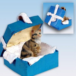 Brown Shorthaired Tabby Cat in Blue Gift Box Christmas Ornament – Hand-Painted Stone Resin