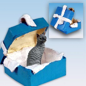 Blue Cornish Rex Cat in Blue Gift Box Christmas Ornament – Hand-Painted Stone Resin