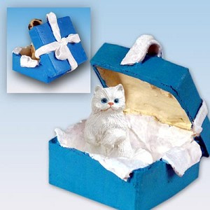 White Persian Cat in Blue Gift Box Christmas Ornament – Hand-Painted Stone Resin