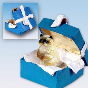 Ragdoll Cat in Blue Gift Box Christmas Ornament – Hand-Painted Stone Resin