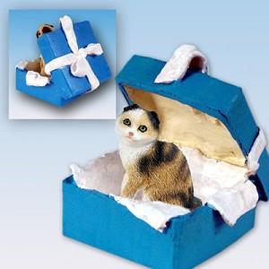 Tortoise & White Scottish Fold Cat in Blue Gift Box Christmas Ornament – Hand-Painted Stone Resin