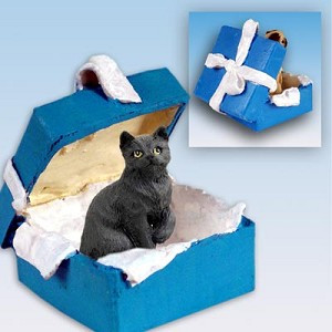 Black Shorthaired Tabby Cat in Blue Gift Box Christmas Ornament – Hand-Painted Stone Resin