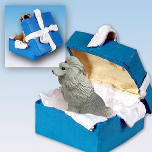 Gray Poodle Dog in Blue Gift Box Christmas Ornament – Hand-Painted Stone Resin