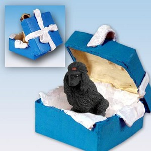 Black Poodle Dog in Blue Gift Box Christmas Ornament – Hand-Painted Stone Resin