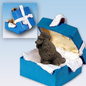 Chocolate Poodle Dog in Blue Gift Box Christmas Ornament – Hand-Painted Stone Resin
