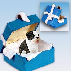 Brindle Bulldog in Blue Gift Box Christmas Ornament – Hand-Painted Stone Resin