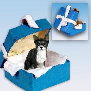 Black & White Chihuahua Dog in Blue Gift Box Christmas Ornament – Hand-Painted Stone Resin
