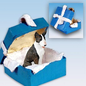 Brindle Bull Terrier Dog in Blue Gift Box Christmas Ornament – Hand-Painted Stone Resin