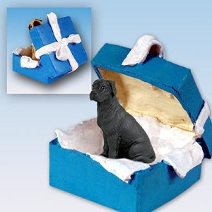 Black Uncropped Ears Great Dane Dog in Blue Gift Box Christmas Ornament – Hand-Painted Stone Resin