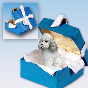 Gray Sport Cut Poodle Dog in Blue Gift Box Christmas Ornament – Hand-Painted Stone Resin