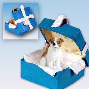Brown & White Smooth Coat Jack Russell Terrier Dog in Blue Gift Box Christmas Ornament