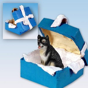 Gift Box Blue Alaskan Malamute Dog in Blue Gift Box Christmas Ornament – Hand-Painted Stone Resin