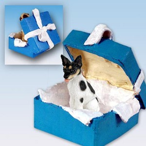 Rat Terrier Dog in Blue Gift Box Christmas Ornament – Hand-Painted Stone Resin
