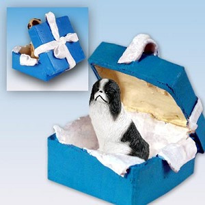 Black & White Japanese Chin Dog in Blue Gift Box Christmas Ornament – Hand-Painted Stone Resin