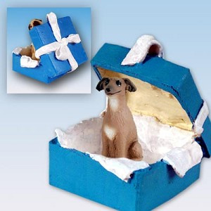 Blue Gift Box Italian Greyhound Dog in Blue Gift Box Christmas Ornament – Hand-Painted Stone Resin