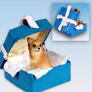 Longhaired Chihuahua Dog in Blue Gift Box Christmas Ornament – Hand-Painted Stone Resin