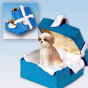 Tan Sport Cut Shih Tzu Dog in Blue Gift Box Christmas Ornament – Hand-Painted Stone Resin