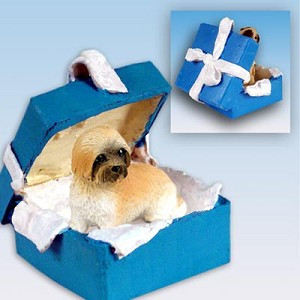 Brown Sport Cut Lhasa Apso Dog in Blue Gift Box Christmas Ornament – Hand-Painted Stone Resin