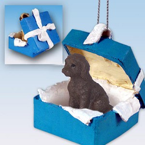 Chocolate Labradoodle Dog in Blue Gift Box Christmas Ornament – Hand-Painted Stone Resin