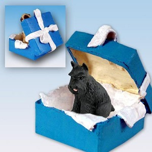 Black Schnauzer Dog in Blue Gift Box Christmas Ornament – Hand-Painted Stone Resin