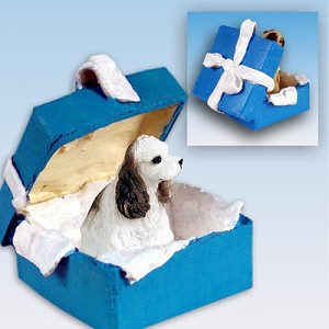Brown & White Cocker Spaniel Dog in Blue Gift Box Christmas Ornament – Hand-Painted Stone Resin