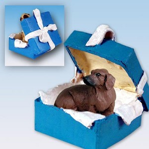 Red Dachshund Dog in Blue Gift Box Christmas Ornament – Hand-Painted Stone Resin