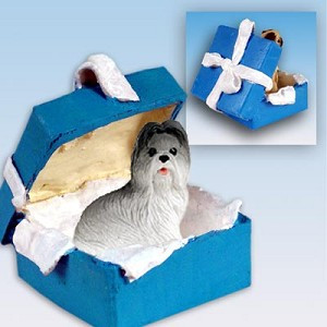 Gray Shih Tzu Dog in Blue Gift Box Christmas Ornament – Hand-Painted Stone Resin