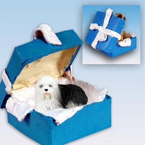 Old English Sheepdog in Blue Gift Box Christmas Ornament – Hand-Painted Stone Resin