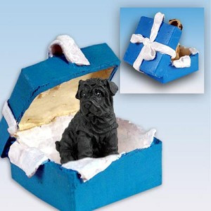 Black Shar Pei Dog in Blue Gift Box Christmas Ornament – Hand-Painted Stone Resin