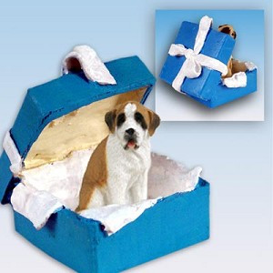 Smooth Coat Saint Bernard Dog in Blue Gift Box Christmas Ornament – Hand-Painted Stone Resin