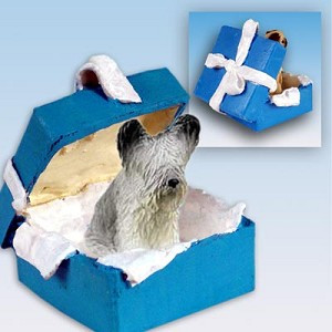 Blue Gift Box Skye Terrier Dog in Blue Gift Box Christmas Ornament – Hand-Painted Stone Resin