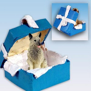 Blue Norwegian Elkhound Dog in Blue Gift Box Christmas Ornament – Hand-Painted Stone Resin