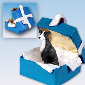 Black & White Greyhound Dog in Blue Gift Box Christmas Ornament – Hand-Painted Stone Resin