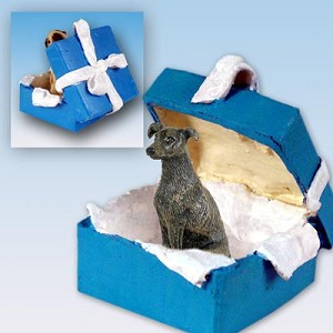 Brindle Greyhound Dog in Blue Gift Box Christmas Ornament – Hand-Painted Stone Resin