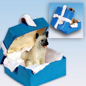 Fawn Akita Dog in Blue Gift Box Christmas Ornament – Hand-Painted Stone Resin