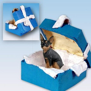 Tan & Black Miniature Pinscher Dog in Blue Gift Box Christmas Ornament – Hand-Painted Stone Resin