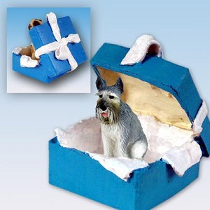 Gray Giant Schnauzer Dog in Blue Gift Box Christmas Ornament – Hand-Painted Stone Resin