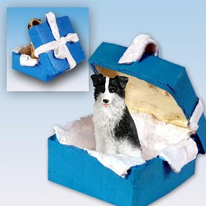 Border Collie Dog in Blue Gift Box Christmas Ornament – Hand-Painted Stone Resin