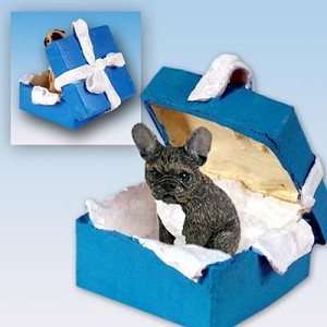 Brindle French Bulldog in Blue Gift Box Christmas Ornament – Hand-Painted Stone Resin